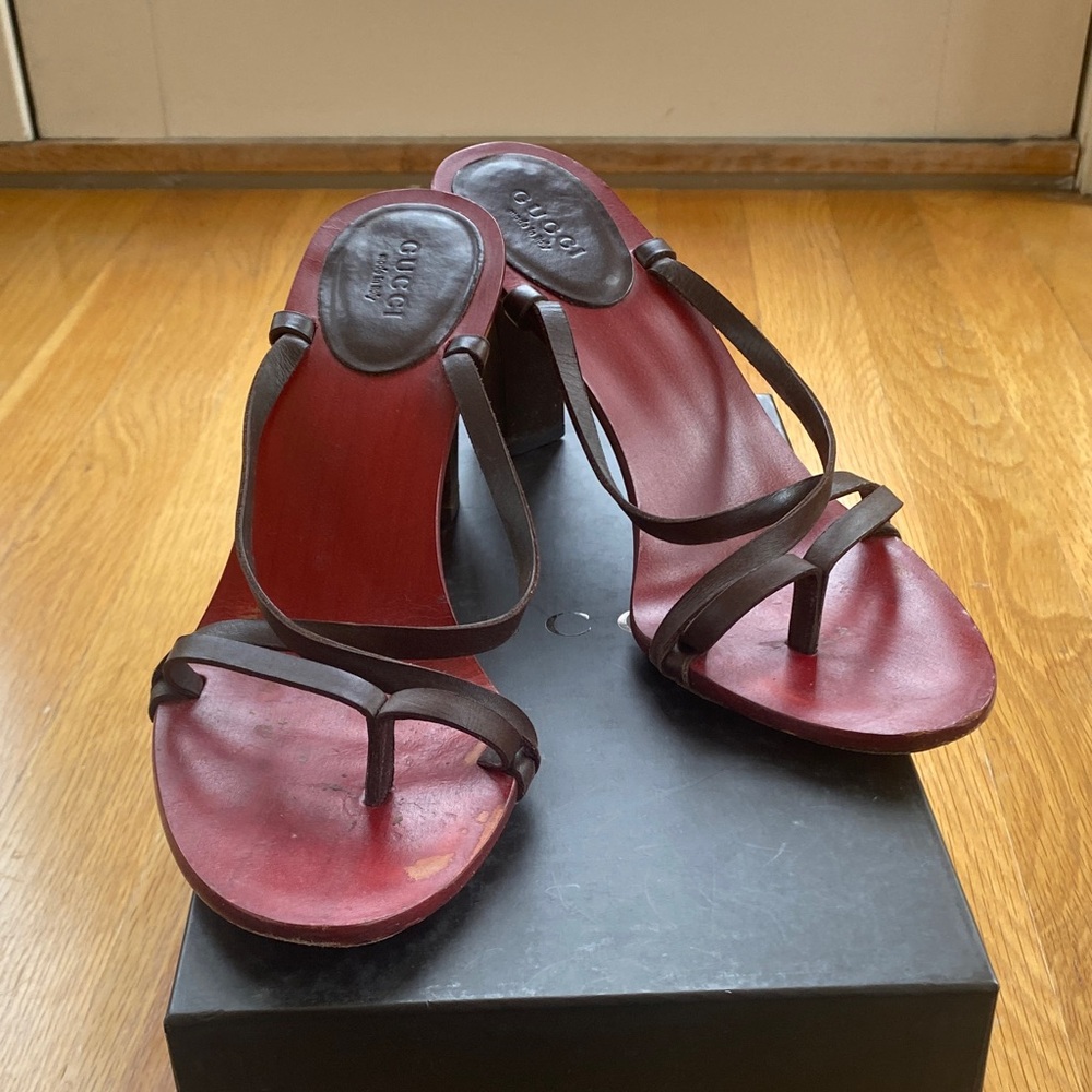 Gucci Red Leather Heeled Sandals with Dark Brown Straps